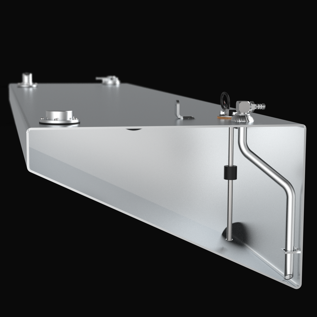 Internal cutaway view of a Yellowfin 34 (2007–2026) wing fuel tank replacement, showcasing the precision-contoured fuel pickup tube and integrated reed-style sending unit. The image highlights the specialized sloped hull-conforming geometry, heavy-duty .125" marine-grade aluminum construction, and top-mounted EPA-compliant fittings designed for a guaranteed OEM fit and reliable fuel delivery in offshore conditions.