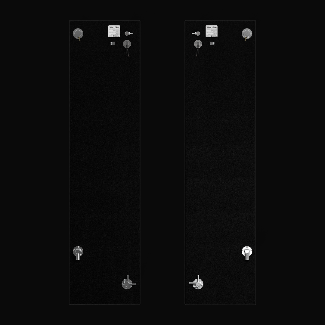 Top-down plan view of the symmetrical 80-gallon port and starboard wing fuel tanks for a Yellowfin 34 (2007–2026) replacement system. The image highlights the precise mirror-image layout of the top-mounted EPA-compliant fittings and official certification labels on heavy-duty .125" marine-grade aluminum finished with a rugged Coal Tar Epoxy coating for a guaranteed OEM fit.