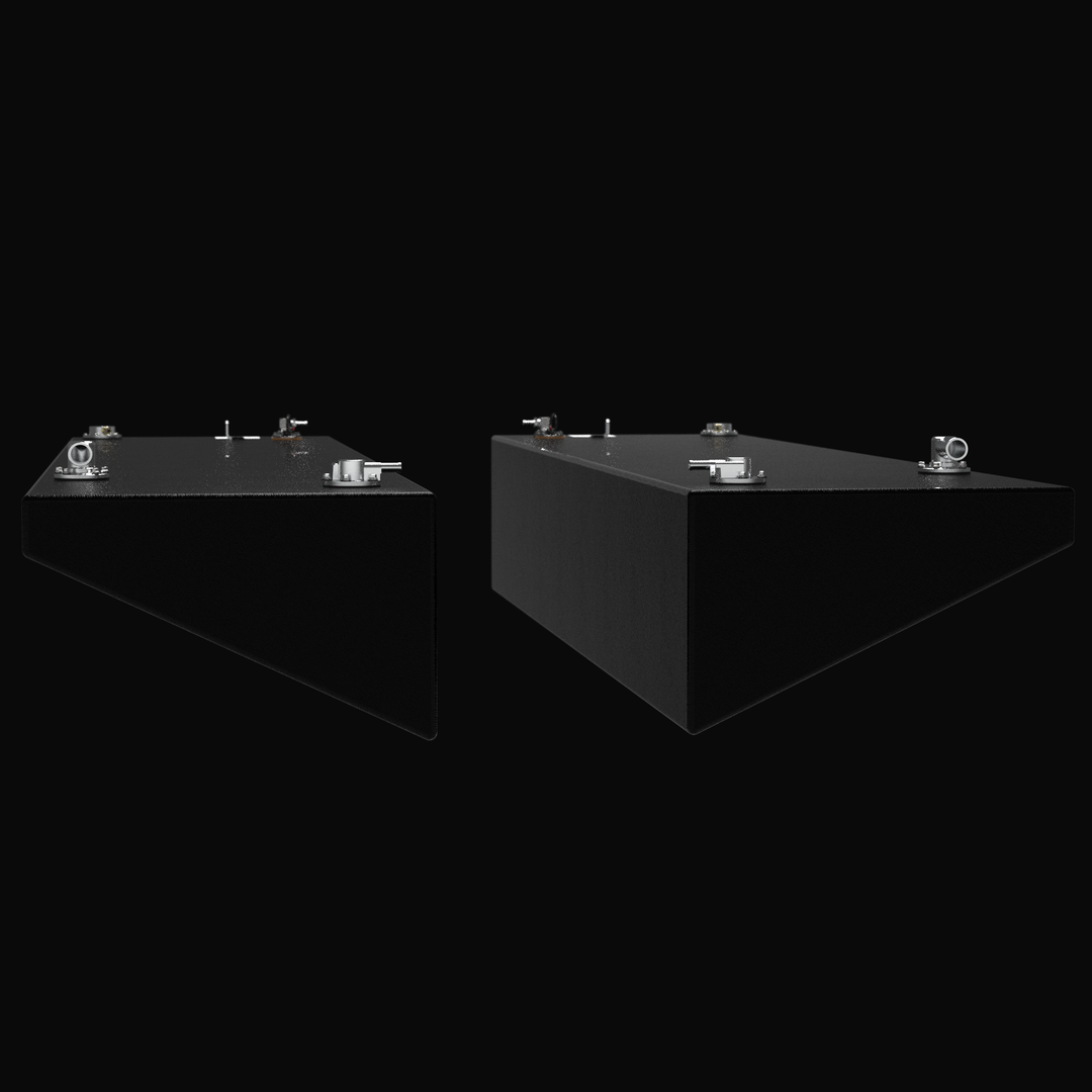 Front-perspective view of a pair of 80-gallon port and starboard wing fuel tanks for a Yellowfin 34 (2007–2026) replacement system. The image highlights the specialized sloped hull-conforming geometry and rugged Coal Tar Epoxy finish on heavy-duty .125" marine-grade aluminum, featuring precision top-mounted EPA-compliant fittings to ensure a guaranteed OEM fit and maximum corrosion resistance.