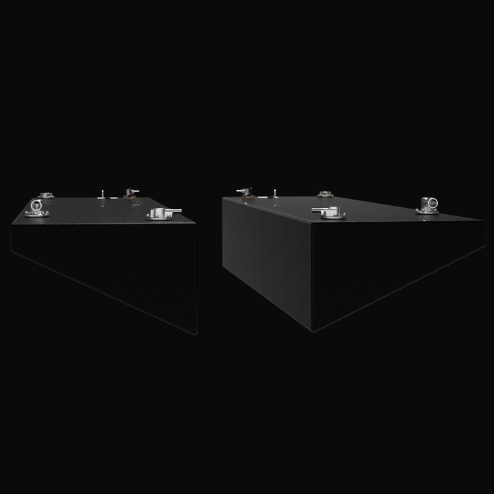 Front-perspective view of a pair of 80-gallon port and starboard wing fuel tanks for a Yellowfin 34 (2007–2026) replacement system. The image highlights the specialized sloped hull-conforming geometry and rugged Coal Tar Epoxy finish on heavy-duty .125" marine-grade aluminum, featuring precision top-mounted EPA-compliant fittings to ensure a guaranteed OEM fit and maximum corrosion resistance.