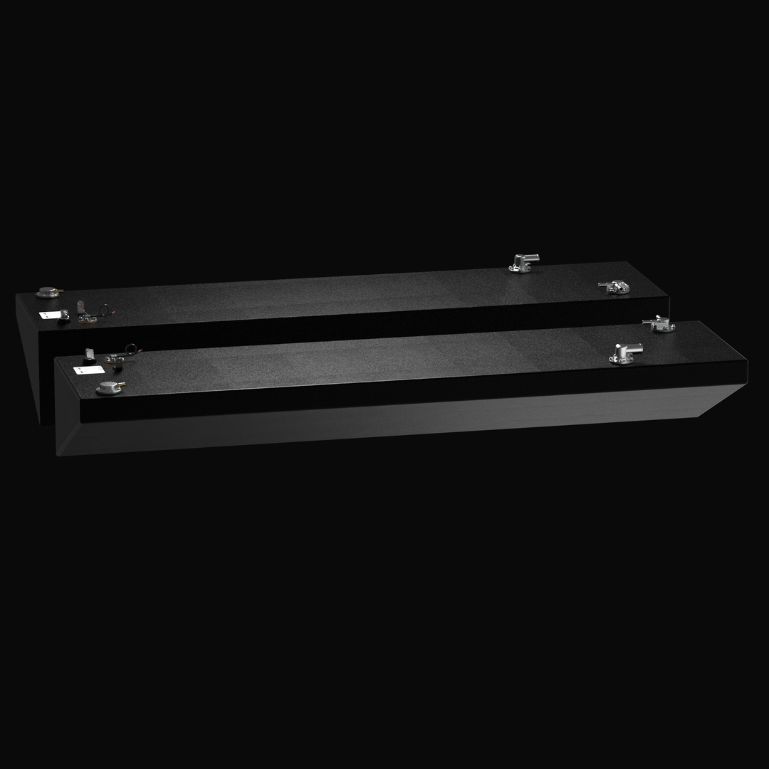 Side-profile perspective of the symmetrical 80-gallon port and starboard wing fuel tanks for a Yellowfin 34 (2007–2026) replacement system. The image showcases the elongated, sloped hull-conforming geometry and rugged Coal Tar Epoxy finish on heavy-duty .125" marine-grade aluminum, featuring precision top-mounted EPA-compliant fittings to ensure a guaranteed OEM fit and maximum corrosion resistance for offshore performance.