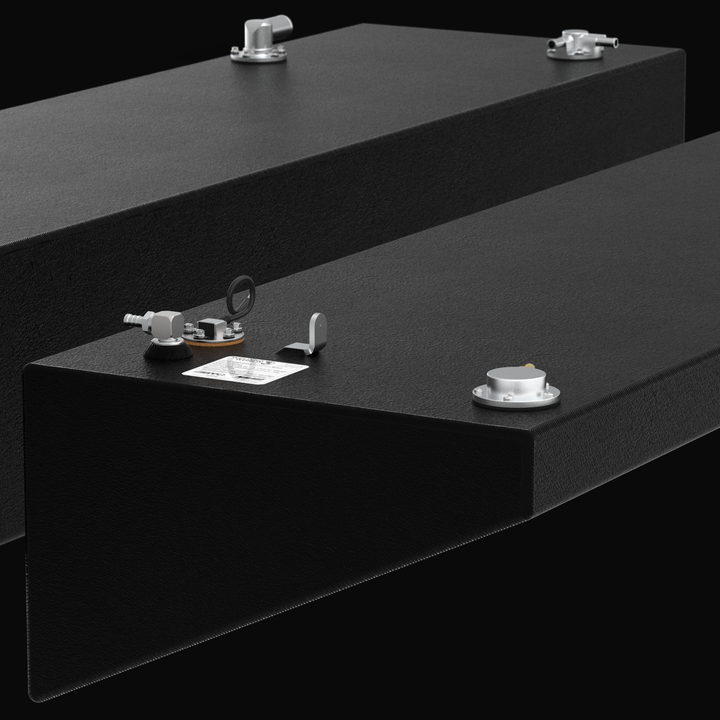 Close-up isometric view of a pair of 80-gallon port and starboard wing fuel tanks for a Yellowfin 34 (2007–2026) replacement system. The image highlights the specialized sloped hull-conforming geometry, rugged Coal Tar Epoxy finish, and precision top-mounted EPA-compliant fittings with ABYC certification labels on heavy-duty .125" marine-grade aluminum, ensuring a guaranteed OEM fit.