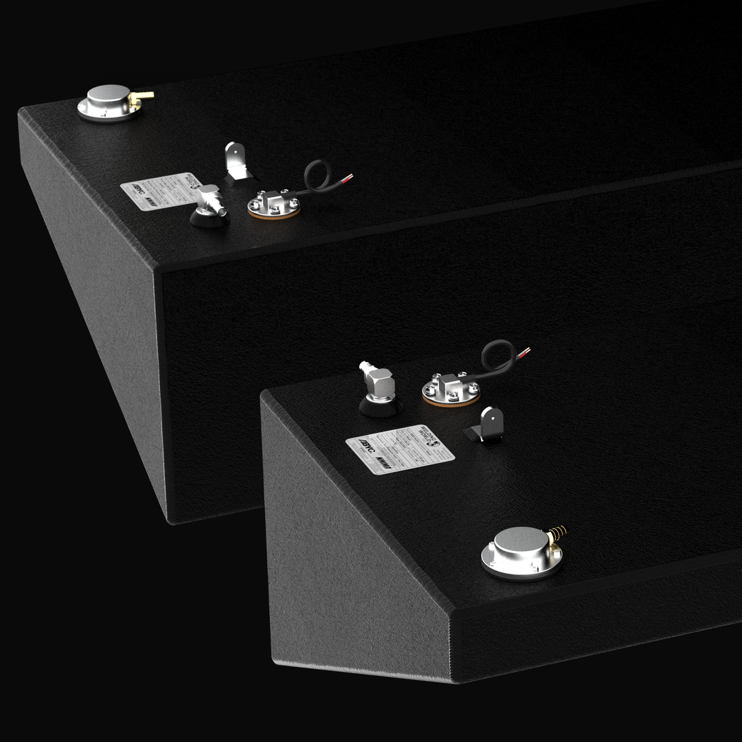 Close-up isometric view of a pair of 80-gallon port and starboard wing fuel tanks for a Yellowfin 34 (2007–2026) replacement system. The image highlights the specialized sloped hull-conforming geometry, rugged Coal Tar Epoxy finish, and precision top-mounted EPA-compliant fittings with ABYC certification labels on heavy-duty .125" marine-grade aluminum, ensuring a guaranteed OEM fit.