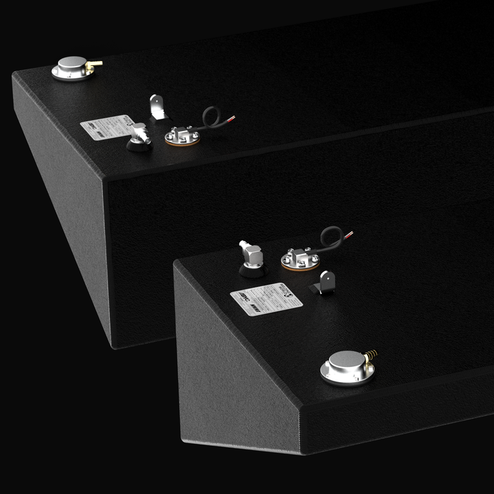 Close-up isometric view of a pair of 80-gallon port and starboard wing fuel tanks for a Yellowfin 34 (2007–2026) replacement system. The image highlights the specialized sloped hull-conforming geometry, rugged Coal Tar Epoxy finish, and precision top-mounted EPA-compliant fittings with ABYC certification labels on heavy-duty .125" marine-grade aluminum, ensuring a guaranteed OEM fit.