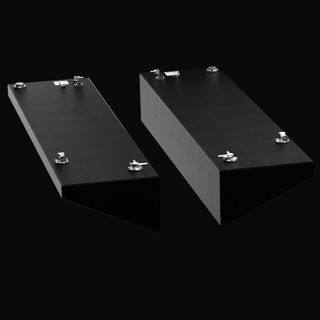 Rear-perspective view of a pair of 80-gallon port and starboard wing fuel tanks for a Yellowfin 34 (2007–2026) replacement system. The image highlights the specialized sloped hull-conforming geometry and rugged Coal Tar Epoxy finish on heavy-duty .125" marine-grade aluminum, featuring precision top-mounted EPA-compliant fittings to ensure a guaranteed OEM fit and maximum corrosion resistance.