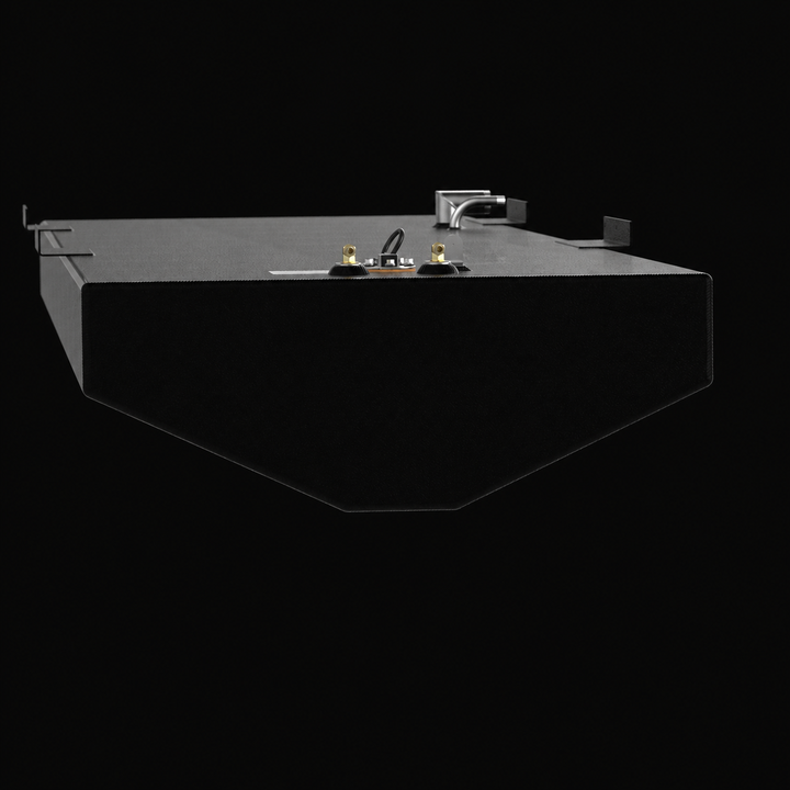 A straight-on end elevation profile view showcasing the shallow V-shaped hull-conforming bottom geometry of a black Action Marine 25 replacement marine fuel tank. This cross-sectional perspective illustrates how the angled bottom panels taper down to a narrow flat center section, custom-engineered by Welding World to align perfectly within the vessel's central bilge cavity. Fabricated from heavy-gauge marine-grade 5052-H32 aluminum, the 115-gallon tank body is fully protected by a textured, anti-corrosive b