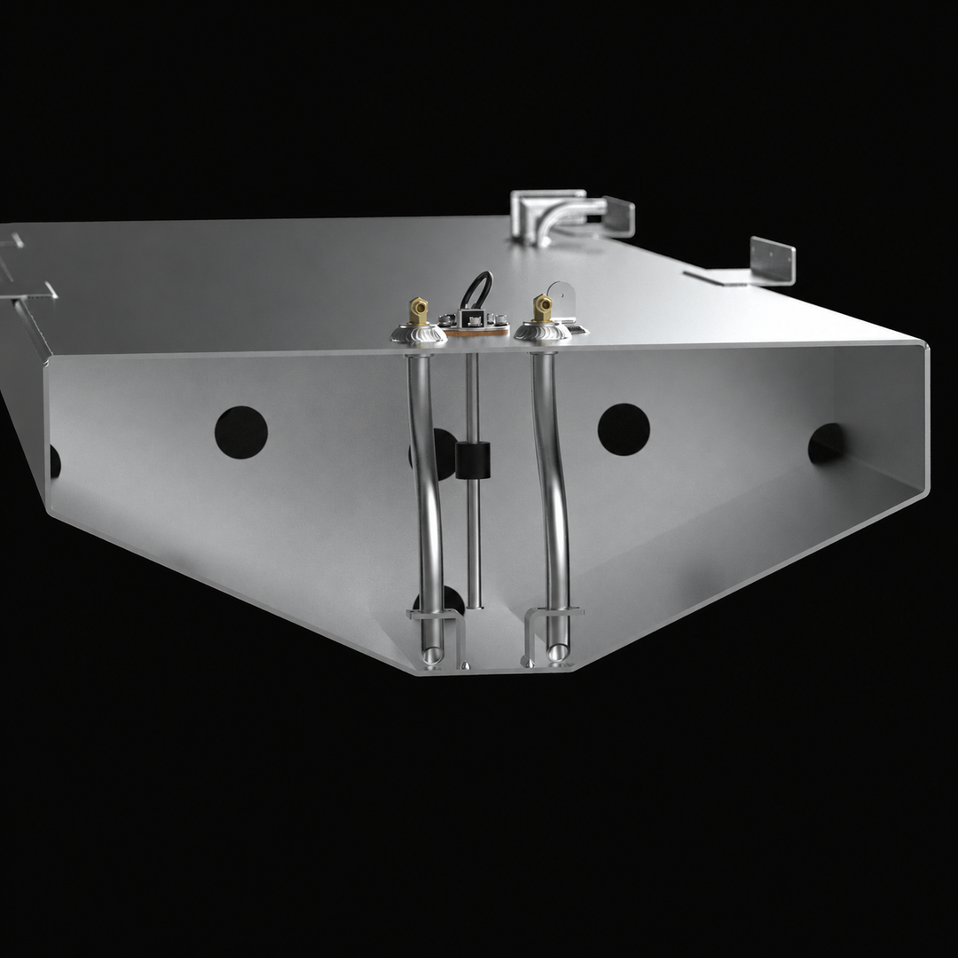A technical cross-section 3D rendering of a central deep-V marine aluminum fuel tank cutaway view, detailing the internal plumbing and dual-engine architecture for an Action Marine 25 replacement fuel tank. The image focuses on the inner chamber of a 115-gallon hull-conforming fuel cell fabricated from raw marine-grade 5052-H32 aluminum, highlighting a structural internal baffle plate engineered with circular flow-through holes for anti-slosh fuel stability. The internal layout showcases dual aluminum picku