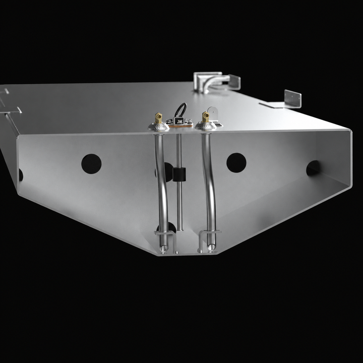 A technical cross-section 3D rendering of a central deep-V marine aluminum fuel tank cutaway view, detailing the internal plumbing and dual-engine architecture for an Action Marine 25 replacement fuel tank. The image focuses on the inner chamber of a 115-gallon hull-conforming fuel cell fabricated from raw marine-grade 5052-H32 aluminum, highlighting a structural internal baffle plate engineered with circular flow-through holes for anti-slosh fuel stability. The internal layout showcases dual aluminum picku