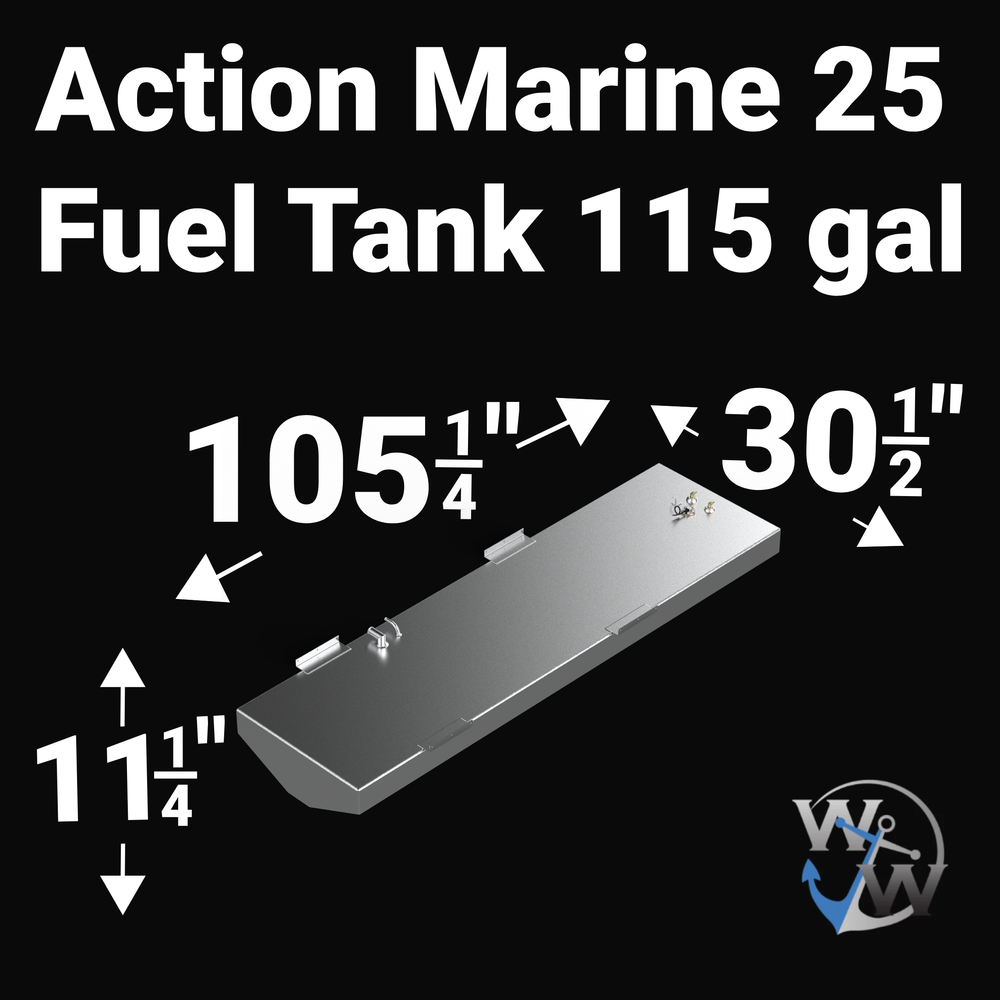Dimensional technical diagram for a raw aluminum Action Marine 25 replacement marine fuel tank featuring a 115-gallon design. The graphic displays precise technical specifications with measurements of 105 1/4" length, 30 1/2" width, and 11 1/4" height, showcasing an elongated profile with side-mounted mounting flanges and a shallow V-shaped angled bottom contour profile engineered to conform seamlessly to the central hull cavity. The top deck displays an unsealed variant layout complete with a mid-mounted 9