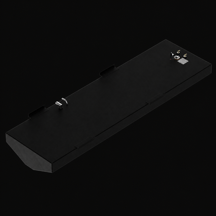 A high-angle isometric perspective view of an elongated black Action Marine 25 replacement marine fuel tank. This high-performance 115-gallon center-hull fuel cell features a flat top deck integrated with a shallow V-shaped hull-conforming bottom profile engineered by Welding World to seat flush within the vessel's central bilge. Precision-fabricated from heavy-gauge marine-grade 5052-H32 aluminum, the structure is completely encapsulated in an anti-corrosive, textured black TarGard epoxy coating and outfit