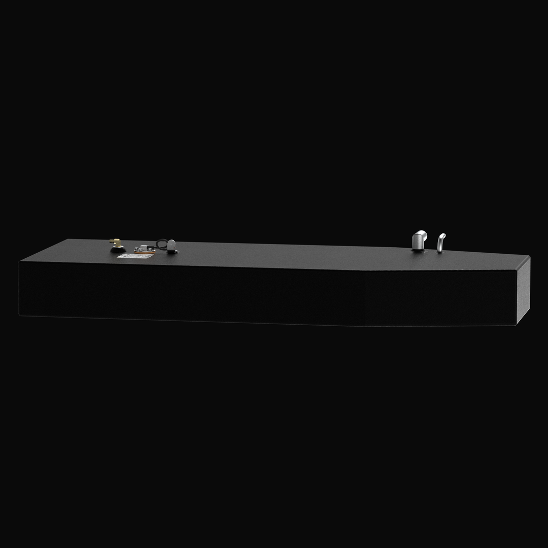 Side-view technical drawing of an Angler 17 OEM replacement fuel tank, illustrating the hull-matching profile, top-mounted fuel fill and vent ports, and heavy-duty marine-grade aluminum construction.