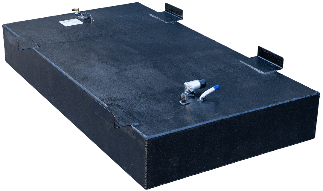 OEM replacement belly fuel tank for Contender boats, measuring 25 to 28 feet in length, with a capacity of 180 gallons. The tank features a sleek black finish and includes fittings for fuel connections
