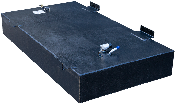 OEM replacement belly fuel tank for Contender boats, measuring 25 to 28 feet in length, with a capacity of 180 gallons. The tank features a sleek black finish and includes fittings for fuel connections