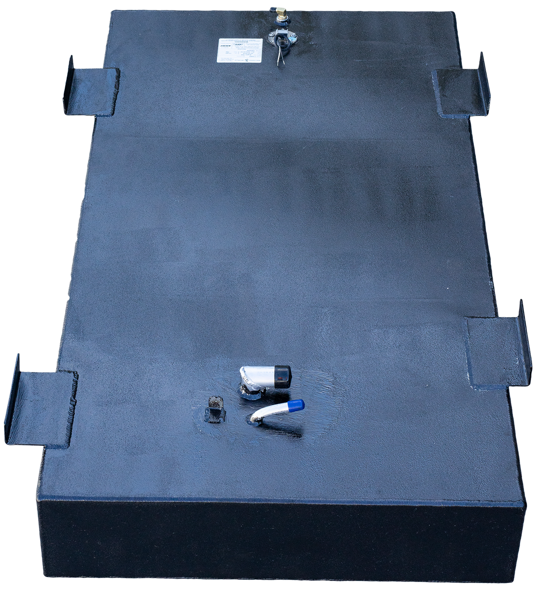 OEM replacement belly fuel tank for Contender boats, measuring 25 to 28 feet, with a capacity of 180 gallons. The tank features a black finish and includes fittings for fuel connections