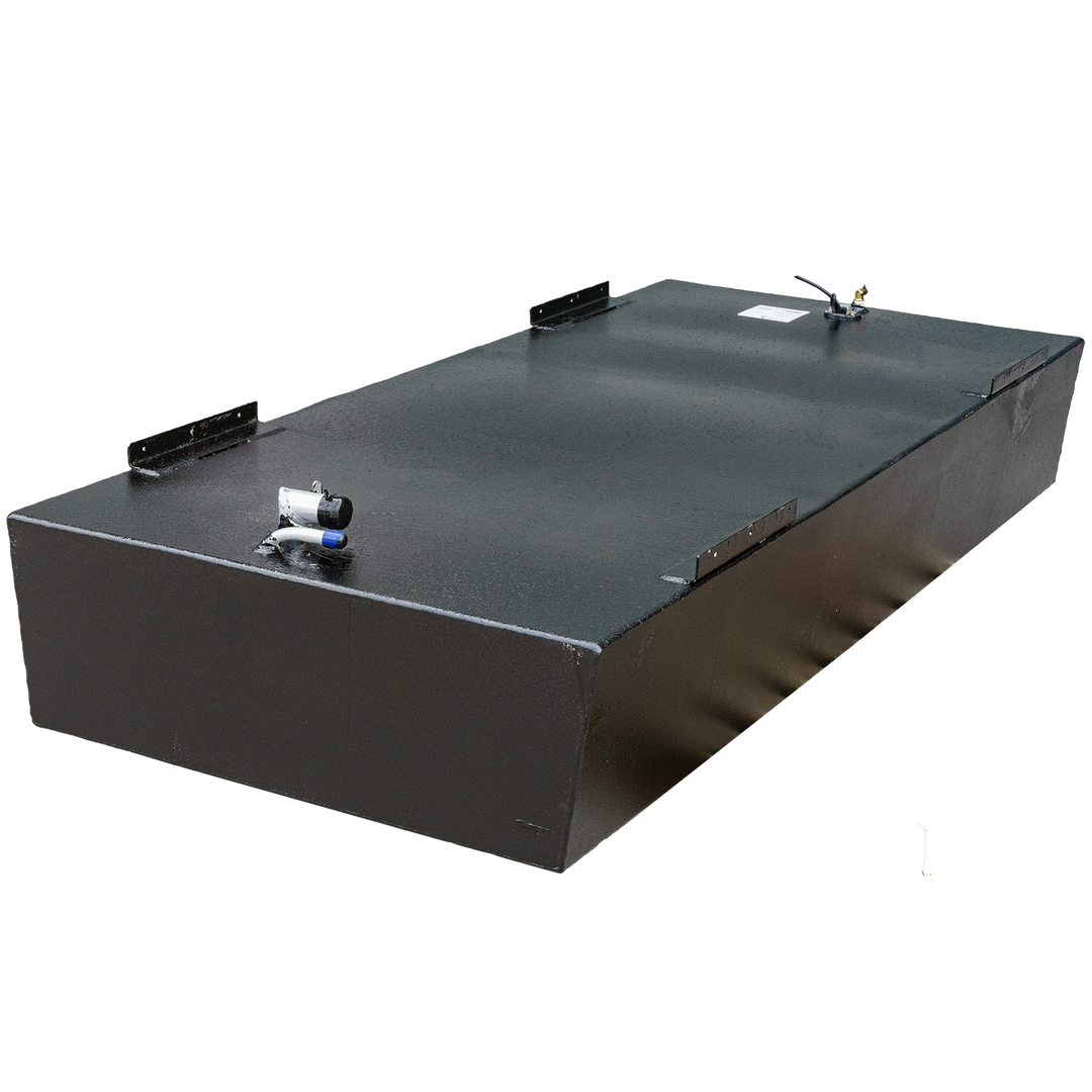 Angler 22-foot Built to OEM Specs belly fuel tank with a 120-gallon capacity, featuring a sleek black design and fittings on top for fuel connections