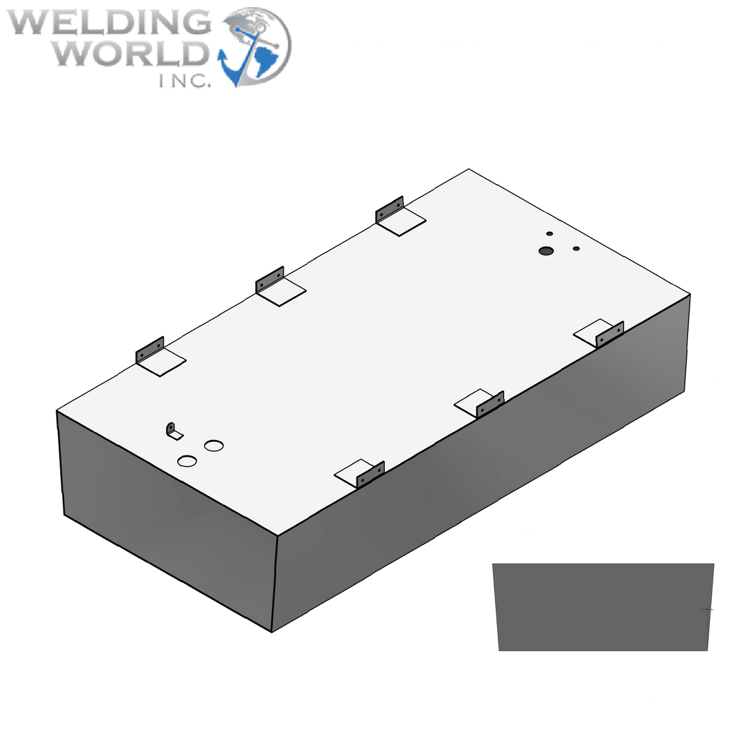 Diagram of the Angler 230 VBX belly fuel tank, featuring dimensions of 62 inches in length, 33 inches in width, and 13 inches in height. The tank has a material thickness of 0.125 inches and a capacity of 115 gallons, with a front view illustration showing the tank's design