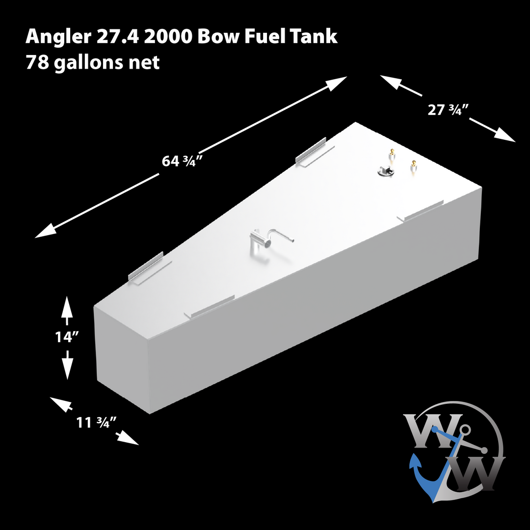 Angler 27.4 2000 Bow Fuel Tank, a rectangular fuel tank with dimensions 27.75 inches in length, 64 inches in width, and 14 inches in height, featuring a 78-gallon capacity, designed for OEM replacement in boats