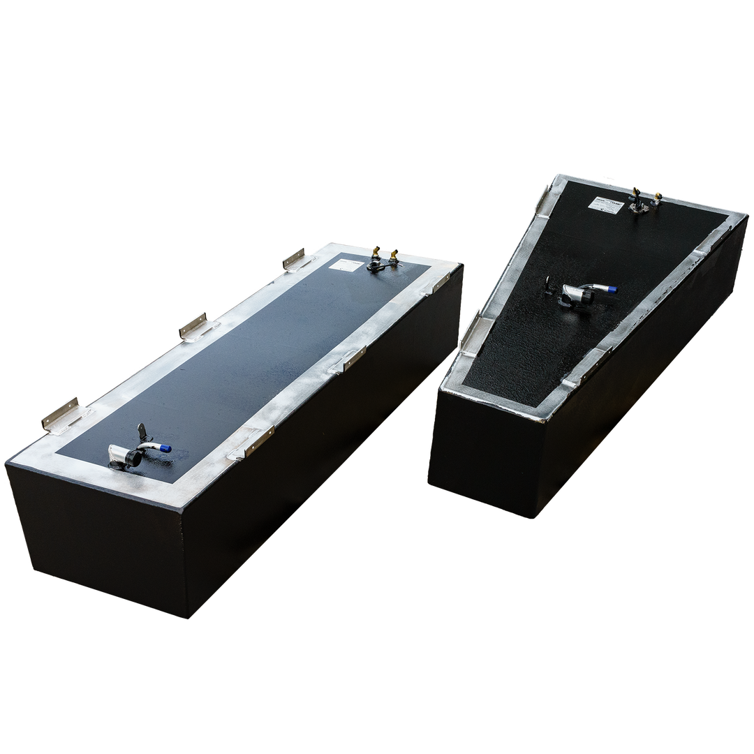 OEM replacement bow and belly fuel tank combo kit for Angler 27.4 boats, featuring two black tanks with a sleek design and fuel valves on top