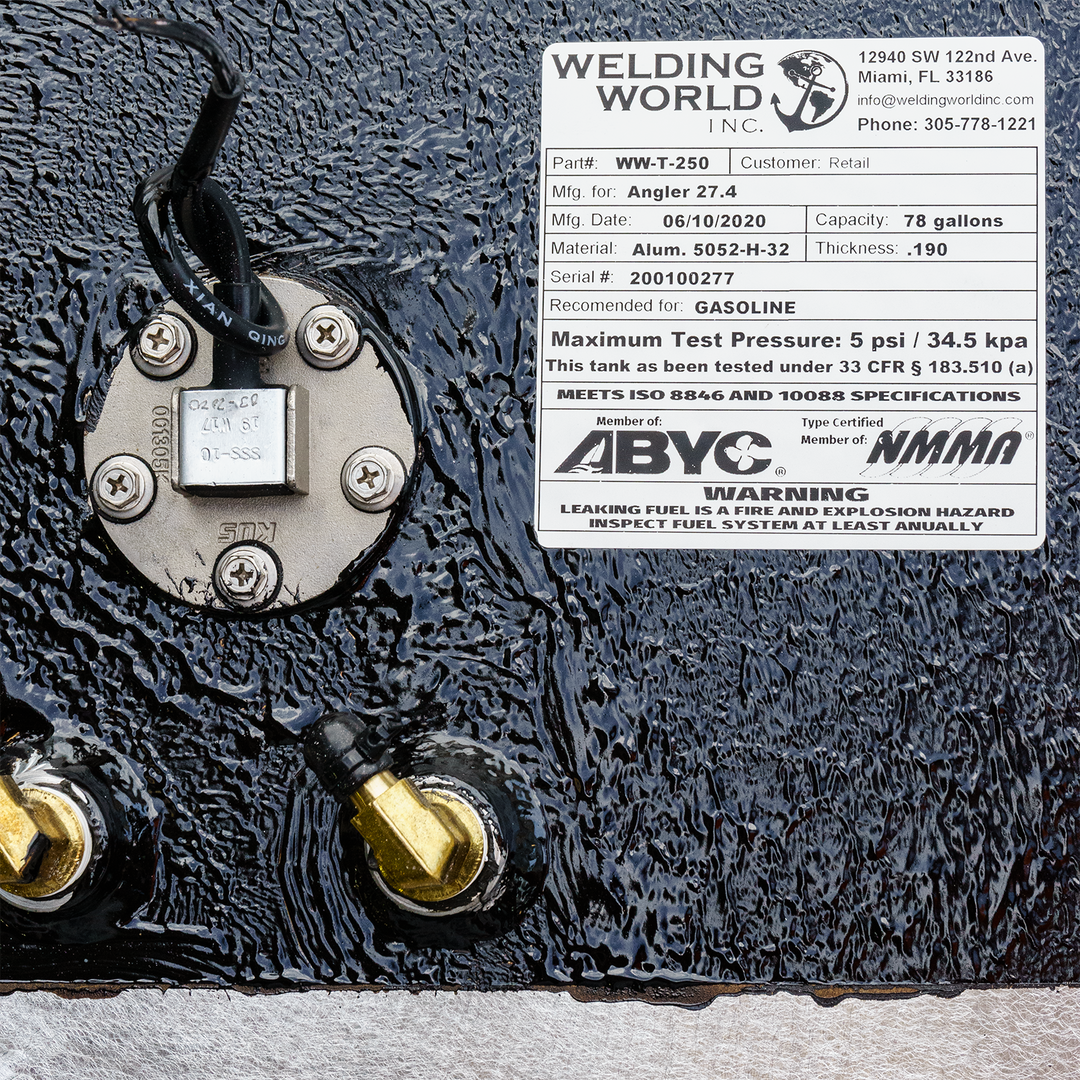 Close-up of a Welding World fuel tank label for the Angler 27.4 model, indicating OEM replacement bow and belly fuel tank combo kit specifications, including part number, manufacturer details, and safety recommendations for gasoline use