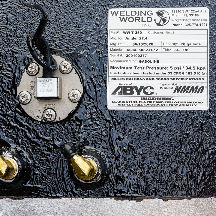 Close-up of a Welding World fuel tank label for the Angler 27.4 model, indicating OEM replacement bow and belly fuel tank combo kit specifications, including part number, manufacturer details, and safety recommendations for gasoline use