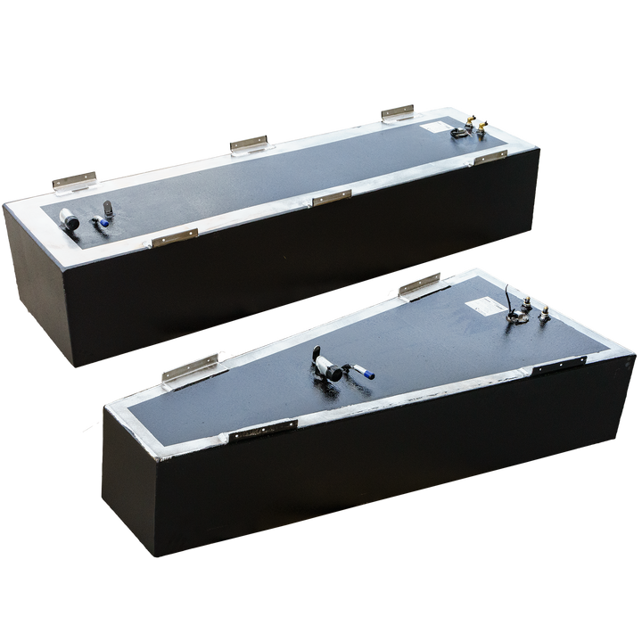 Angler 27.4 OEM replacement bow and belly fuel tank combo kit for 2000 model, featuring two black fuel tanks with a sleek design and multiple connection points