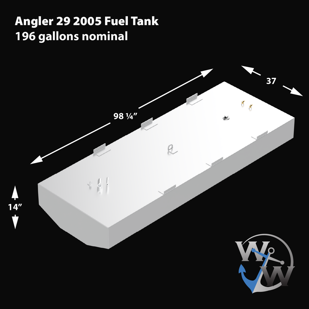 2005 Angler 29 with a 196-gallon nominal Built to OEM Specs belly fuel tank, designed for offshore fishing with durable and efficient fuel storage