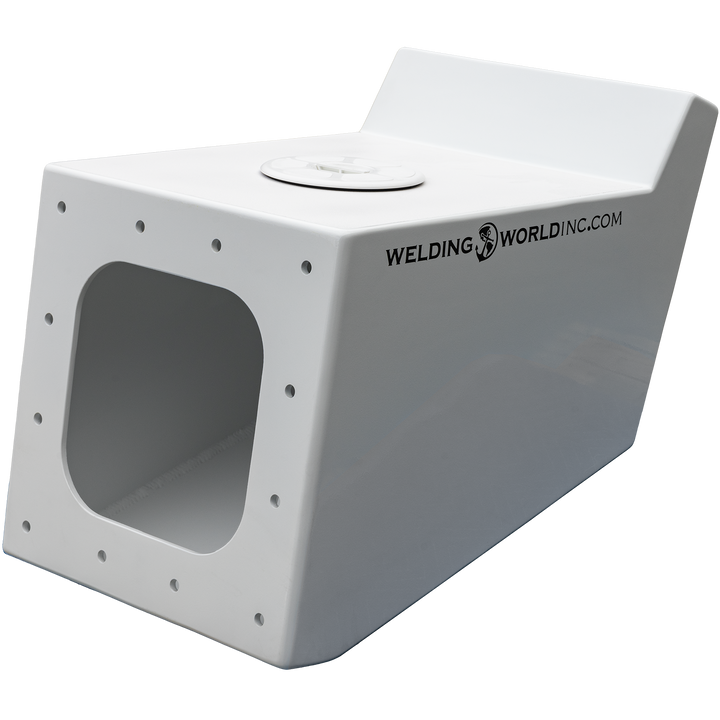 A white metal bracket labeled "Apex Mk. 2 NSP Single Engine Bracket," with a large rectangular opening on the front, multiple small holes around the edges, and the "Welding World Inc." logo and website printed on the side