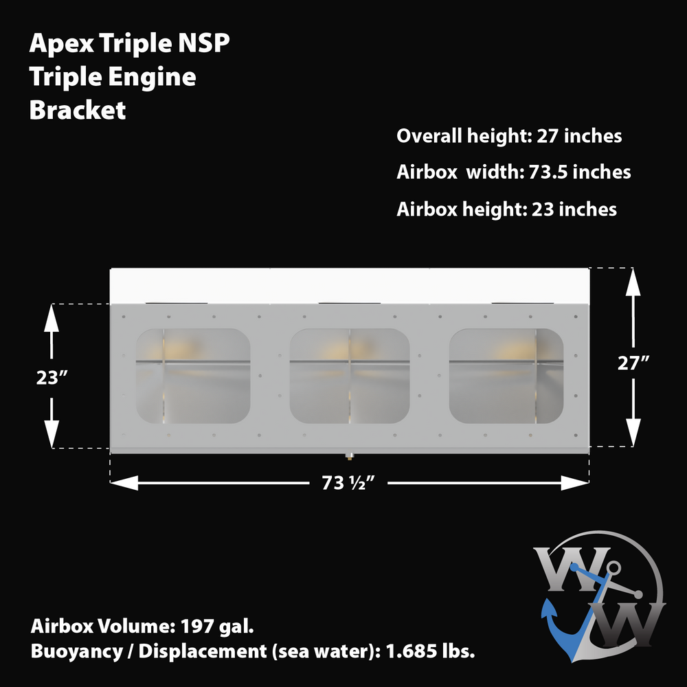 Diagram of the Apex Triple NSP 3-Engine Bracket, featuring dimensions: overall height of 27 inches, airbox width of 73.5 inches, and airbox height of 23 inches. The airbox volume is 197 gallons, with a buoyancy/displacement of 1.685 lbs in seawater