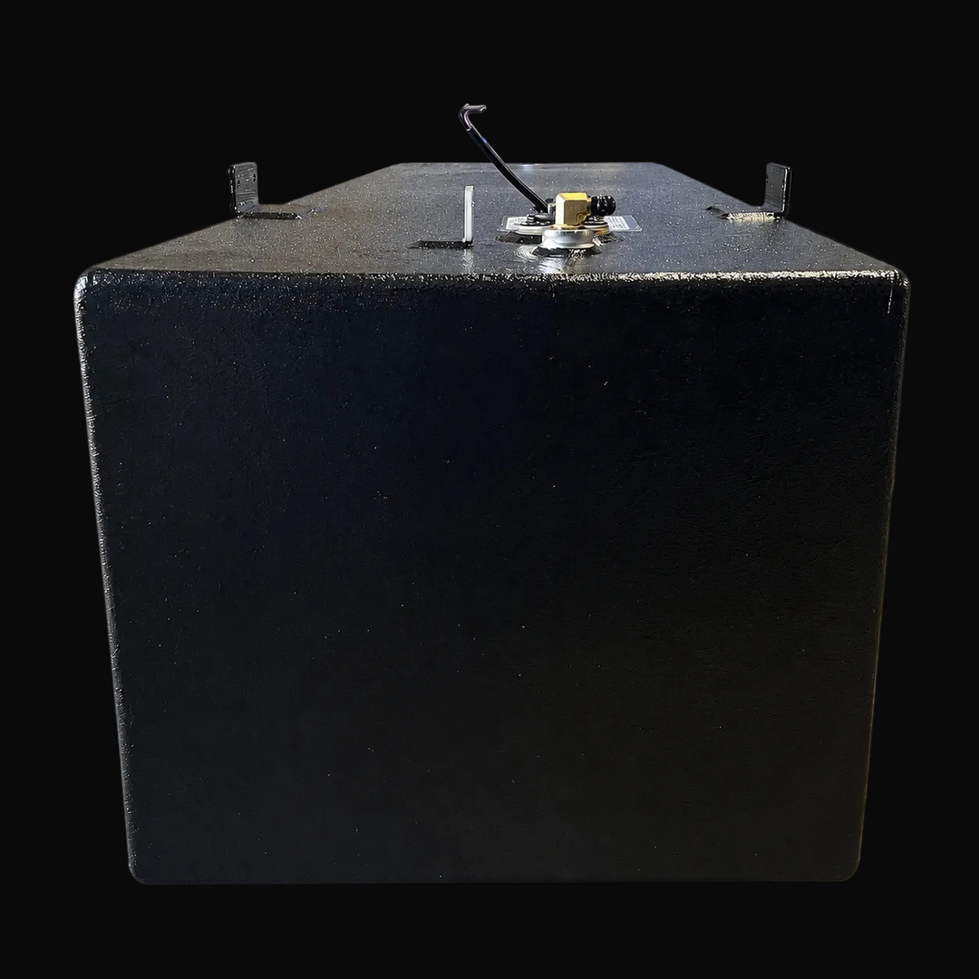 A straight, low-angle front-elevation view of a black Aquasport 246 1998 replacement marine fuel tank from file image_ee6340.jpg, isolated against a black background. This narrow perspective highlights the flat, square front face of the 105-gallon center-hull fuel cell, showcasing its deep rectangular profile precision-fabricated from heavy-gauge marine-grade 5052-H32 aluminum. The entire outer surface is fully encapsulated in a premium, textured, anti-corrosive black TarGard epoxy coating to protect the ta