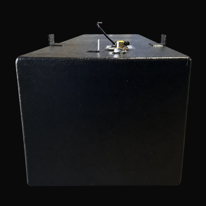 A straight, low-angle front-elevation view of a black Aquasport 246 1998 replacement marine fuel tank from file image_ee6340.jpg, isolated against a black background. This narrow perspective highlights the flat, square front face of the 105-gallon center-hull fuel cell, showcasing its deep rectangular profile precision-fabricated from heavy-gauge marine-grade 5052-H32 aluminum. The entire outer surface is fully encapsulated in a premium, textured, anti-corrosive black TarGard epoxy coating to protect the ta