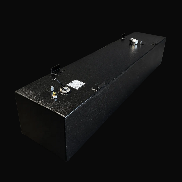 A high-angle isometric perspective view of a black Aquasport 246 1998 replacement marine fuel tank from file image_ee5bbd.jpg, isolated against a black background. This dimensional view showcases the elongated, narrow rectangular coffin-style geometry of the 105-gallon center-hull fuel cell. Precision-fabricated from heavy-gauge marine-grade 5052-H32 aluminum, the structural tank body is completely encapsulated in a premium, anti-corrosive, textured black TarGard epoxy coating to safeguard against saltwater