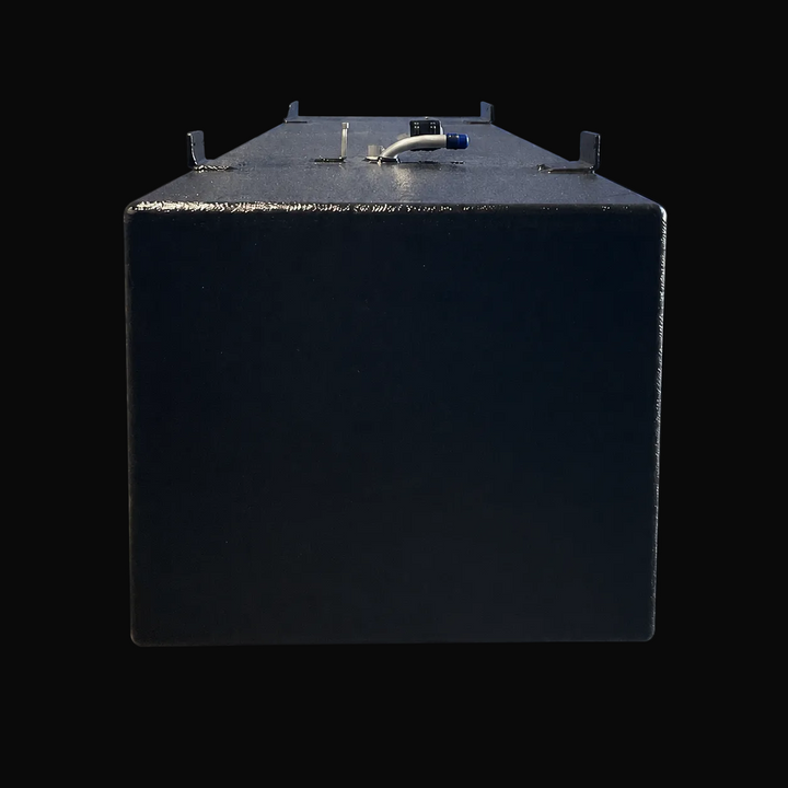 A straight, low-angle rear-elevation view of a black Aquasport 246 1998 replacement marine fuel tank from file image_ee7166.jpg, isolated against a black background. This narrow perspective highlights the flat, square rear profile face of the 105-gallon center-hull fuel cell, showcasing its deep rectangular cross-section precision-fabricated from heavy-gauge marine-grade 5052-H32 aluminum. The structural tank body is completely encapsulated in a premium, textured, anti-corrosive black TarGard epoxy coating 