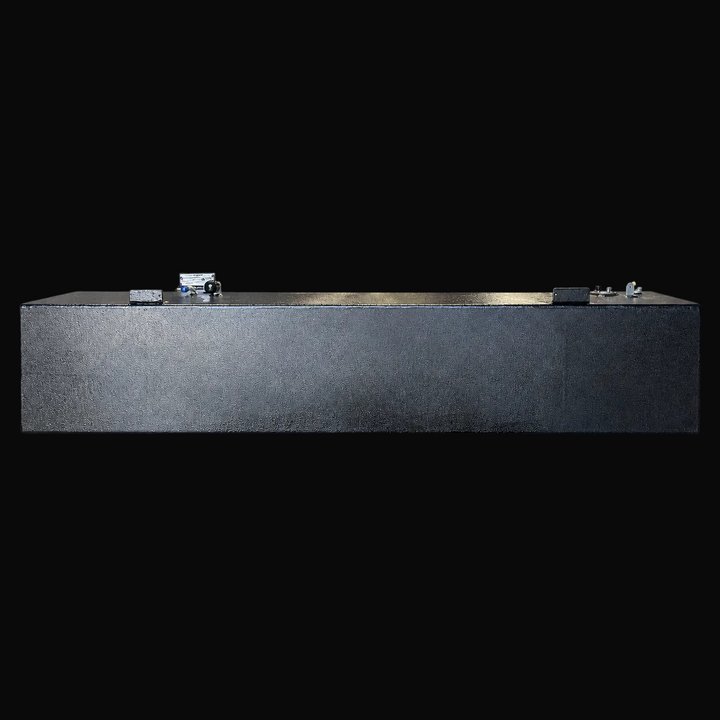 A straight side-elevation profile view of a black Aquasport 246 1998 replacement marine fuel tank from file image_ee69c1.jpg, isolated against a black background. This elongated longitudinal perspective highlights the full length of the narrow 105-gallon center-hull fuel cell. Precision-fabricated from heavy-gauge marine-grade 5052-H32 aluminum, the structural tank body is completely encapsulated in an anti-corrosive, textured black TarGard epoxy coating to safeguard against saltwater pitting and crevice co