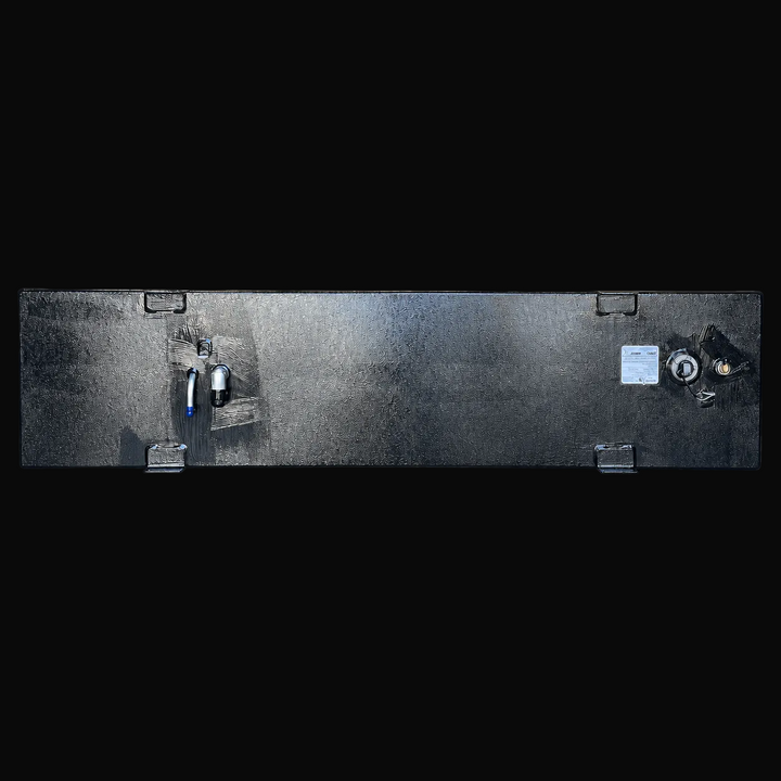 A top-down bird's-eye perspective view of a black Aquasport 246 1998 replacement marine fuel tank from file image_ee5f1c.jpg, isolated against a black background. This flat overhead view showcases the elongated, narrow rectangular top deck layout of the 105-gallon center-hull fuel cell. Precision-fabricated from heavy-gauge marine-grade 5052-H32 aluminum, the structural tank is fully encapsulated in an anti-corrosive, textured black TarGard epoxy coating to resist harsh saltwater bilge environments and prev