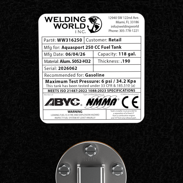 Close-up top-deck hardware layout view of a black AquaSport 250 CC replacement marine fuel tank. The image highlights the technical layout of the electronic fuel level sending unit with wire leads mounted directly beneath a manufacturer specification data placard listing part number WW316250. Fabricated from heavy-gauge marine-grade 5052-H32 aluminum with a thickness of .190, the 118-gallon capacity center-hull tank body is fully encapsulated in a textured, anti-corrosive black TarGard epoxy coating. Every 