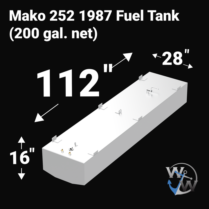 A 3D render of a boat fuel tank against a black background, labeled "Mako 252 1987 Fuel Tank (200 gal. net)". Arrows indicate the tank's dimensions: 16 inches high, 112 inches long, and 28 inches wide. A blue "WW" logo is in the bottom right corner.