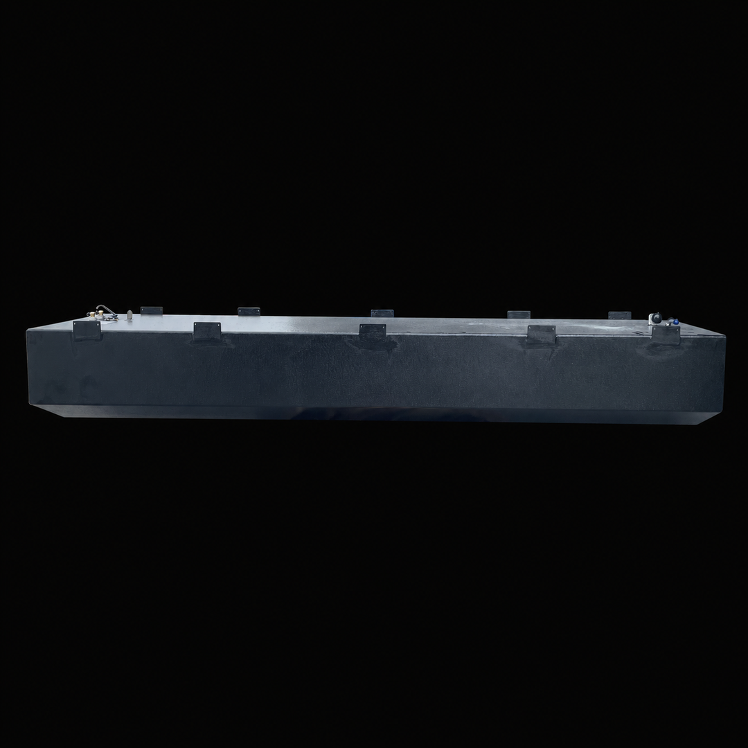 A full side-elevation perspective view from the opposite side of an elongated black Baja 28 1990 replacement marine fuel tank isolated against a black background. This high-capacity 212-gallon center-hull fuel cell showcases an extended low-profile structure featuring precision-welded perimeter mounting tabs distributed evenly along its top edges to secure the tank into the vessel's framing. Precision-fabricated from heavy-gauge marine-grade 5052-H32 aluminum, the entire unit is treated with a textured, ant
