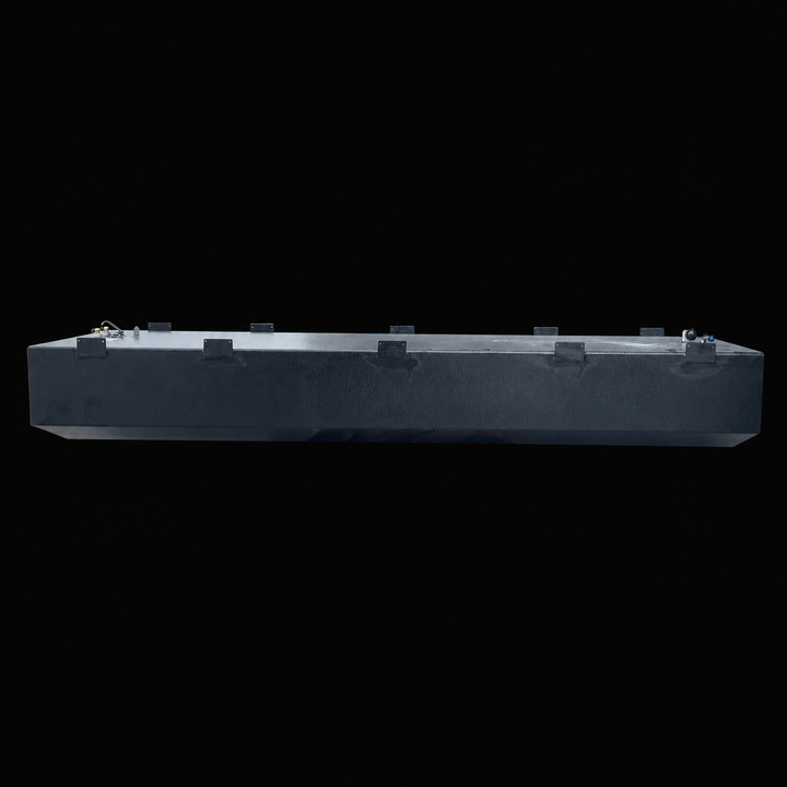 A full side-elevation perspective view from the opposite side of an elongated black Baja 28 1990 replacement marine fuel tank isolated against a black background. This high-capacity 212-gallon center-hull fuel cell showcases an extended low-profile structure featuring precision-welded perimeter mounting tabs distributed evenly along its top edges to secure the tank into the vessel's framing. Precision-fabricated from heavy-gauge marine-grade 5052-H32 aluminum, the entire unit is treated with a textured, ant