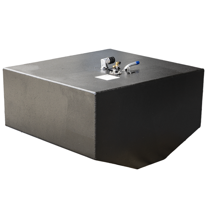 Top-mounted configuration for OEM-style rectangular fluid tank, equipped for monitoring and pressure regulation. Features include a blue-handled control valve, analog pressure gauge, and white sensor device, all secured on a flat black surface with a visible data label. Assembly is optimized for accurate fluid management, allowing integration into closed-loop or transfer systems requiring pressure tracking and manual shutoff capability