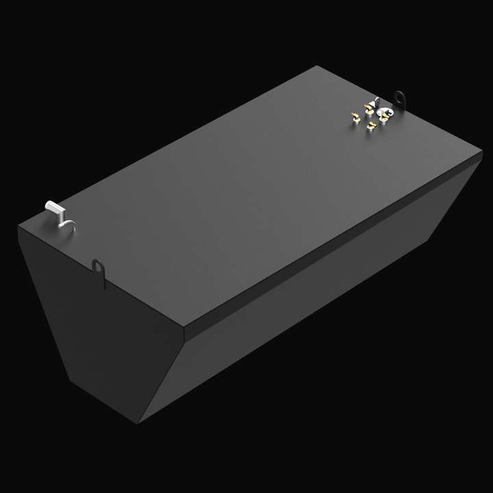 A 3D rendered view of a rectangular black fuel tank with angled corners on the left front side. The tank features several fittings and connectors on the top right corner, including brass and silver-colored components, and two lifting loops on the top edges. The background is black