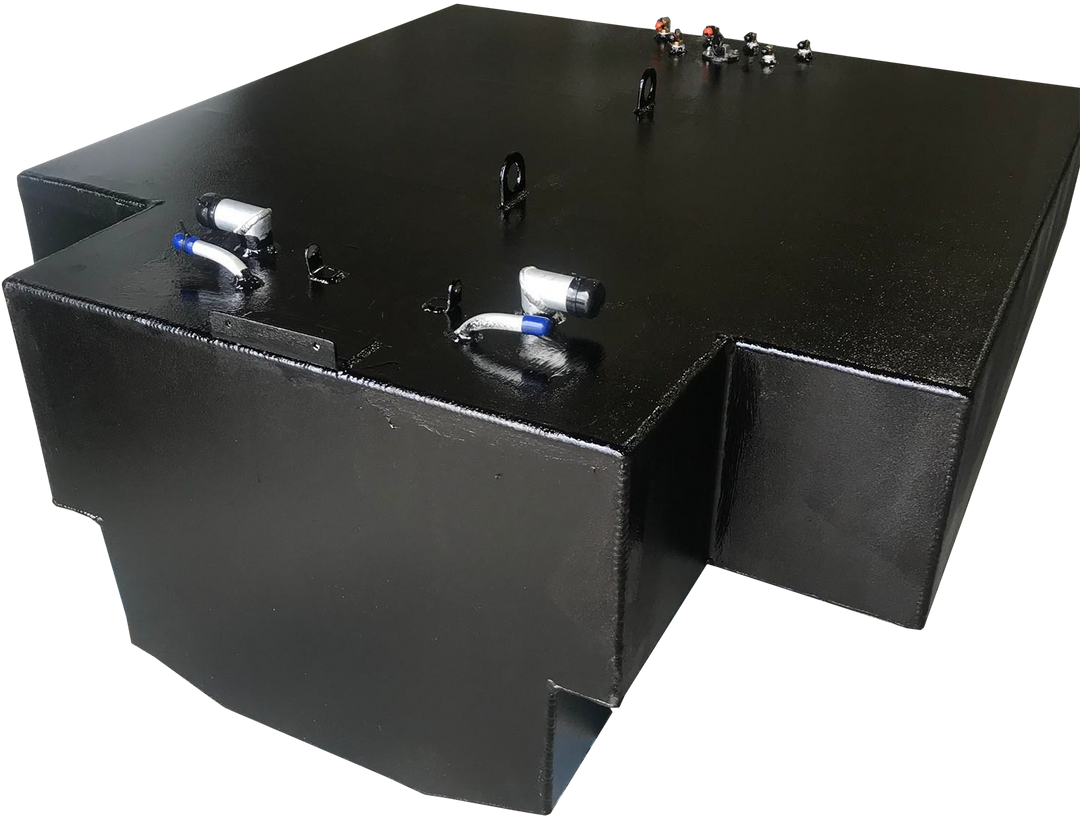 OEM replacement belly fuel tank for Bertram 28 Flybridge, featuring a sleek black design with multiple fittings on top for fuel connections