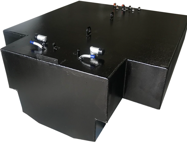 OEM replacement belly fuel tank for Bertram 28 Flybridge, featuring a sleek black design with multiple fittings on top for fuel connections