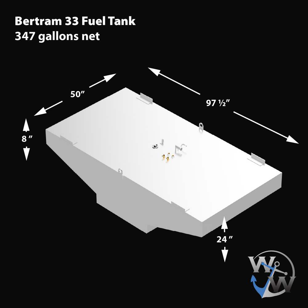 Bertram 33 Built to OEM Specs belly fuel tank with 347-gallon capacity, engineered for high-performance marine use