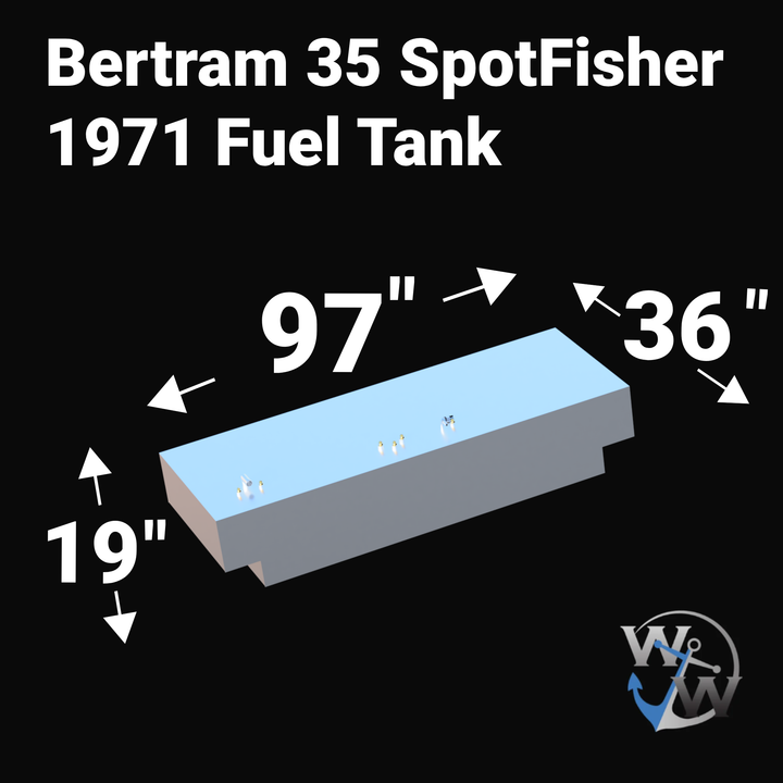 Dimensional layout diagram of a 250-gallon Bertram 35 SportFisher (1971) fuel tank replacement. The image specifies the 97-inch length, 36-inch width, and 19-inch height measurements required for a guaranteed OEM fit. Featuring a precision-engineered stepped hull-conforming design and heavy-duty .190" marine-grade aluminum construction for a seamless "drop-in" installation.