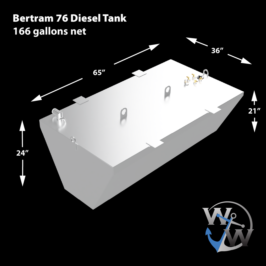 A silver, irregularly shaped fuel tank for a Bertram 76, labeled as a "Diesel Tank" with a net capacity of 166 gallons. The tank's dimensions are provided: 65 inches long, 36 inches wide, and with varying heights of 24 inches and 21 inches. Various fittings, including loops and nozzles, are visible on its top surface. A white and blue "WW" logo with an anchor is in the bottom right corner