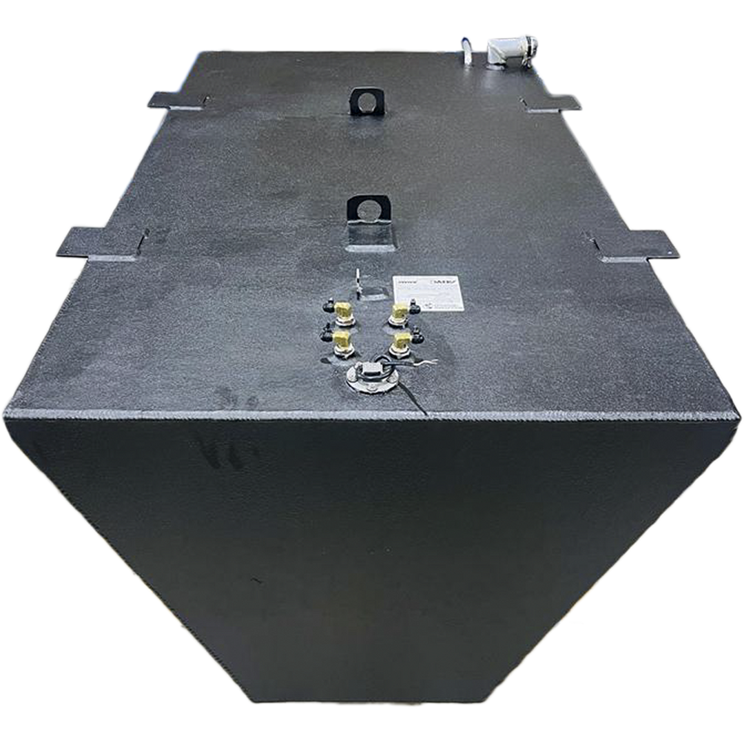 A dark grey, irregularly shaped metal tank with a textured surface is shown from an elevated perspective against a black and grey checkered background. The tank's trapezoidal side and rectangular top are visible, along with various fittings, including nozzles, caps, and what appear to be handles or mounting points, on its upper surface. A small white label is also present on the tank's top