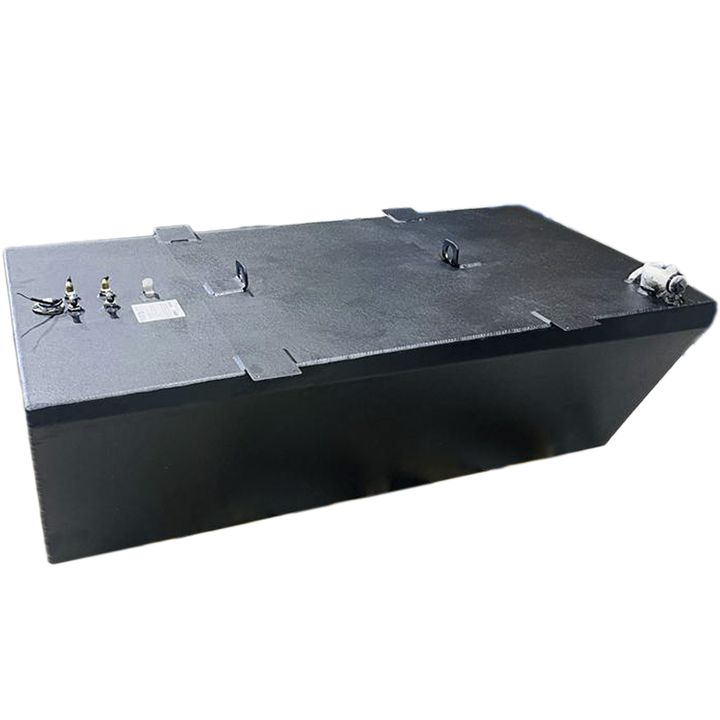 A dark grey, irregularly shaped metal tank with a textured surface is shown against a black and grey checkered background. The tank features various nozzles, ports, and what appear to be mounting brackets on its top surface