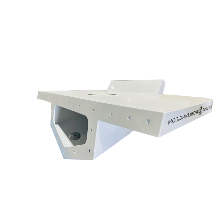A white high flotation single engine bracket designed for a 1976 Blackfin 24 Fisherman boat, featuring a streamlined shape and a cutout for engine mounting