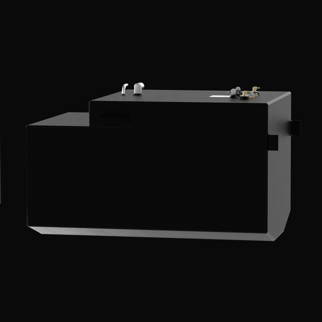 A low-angle side elevation rendering of a black Blackfin 29 OEM replacement marine fuel tank from file image_a6b2e6.jpg, isolated against a black background. This perspective showcases the stepped structural profile and specialized V-shaped bottom deadrise geometry, custom-engineered by Welding World to sit perfectly flush within the vessel's hull stringer grid. Precision-fabricated from heavy-gauge marine-grade 5052-H32 aluminum, the structural 162-gallon capacity fuel cell is fully encapsulated in an anti