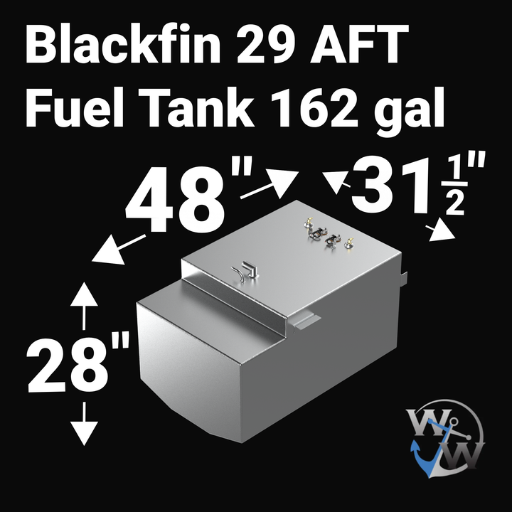 A high-angle isometric product graphic diagram of a raw aluminum Blackfin 29 AFT (Aft) OEM replacement marine fuel tank from file image_b283b0.jpg, isolated against a black background. Large white bold text overlays detail the exact physical dimensions, specifying a 162-gallon capacity, a length of 48 inches, a width of 31-1/2 inches, and a height of 28 inches. The CAD rendering highlights the specialized stepped-deck geometry and V-shaped bottom deadrise profile custom-engineered by Welding World to sit pe